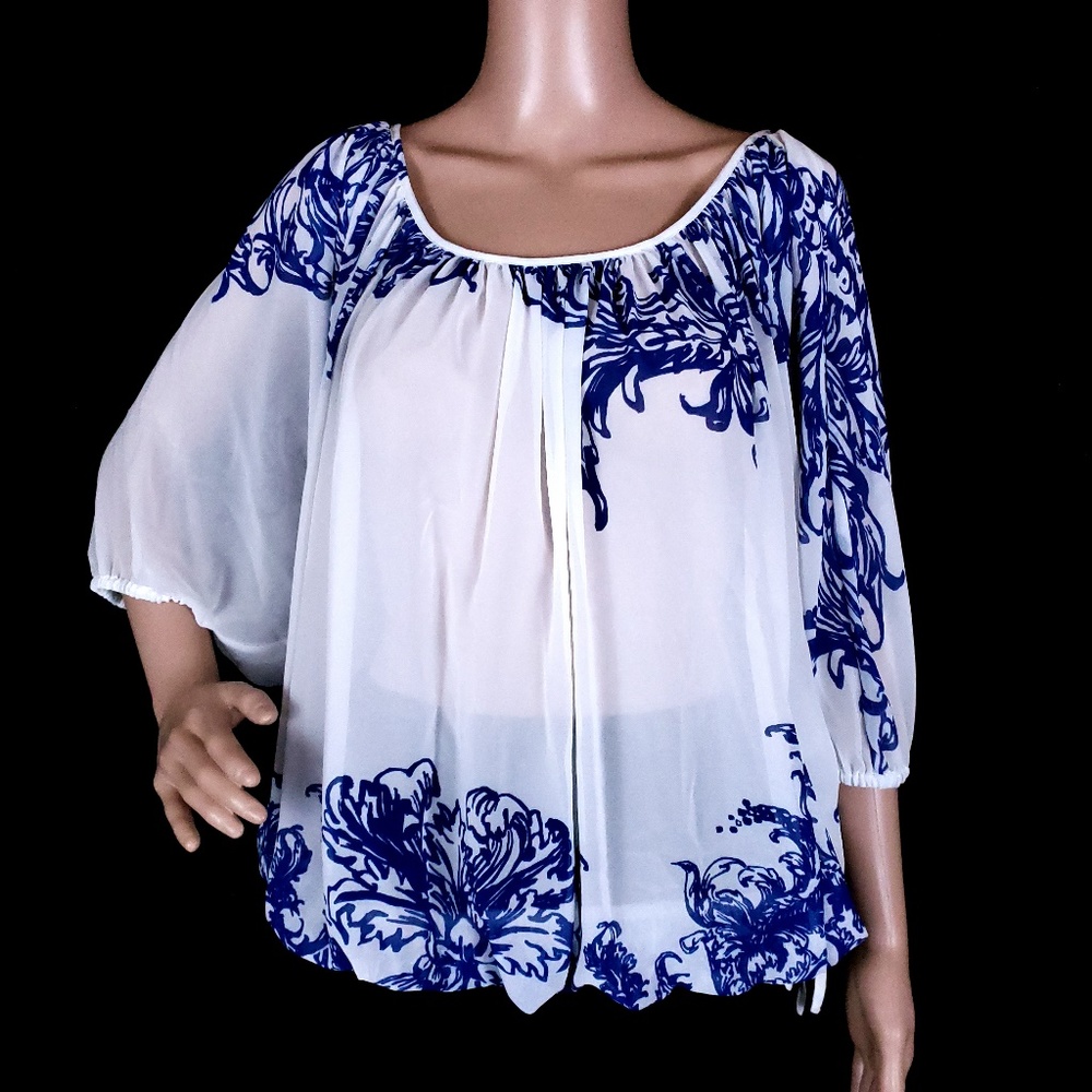 INC Women Blouse Swirl Scarf Sheer White Blue Heat Size 6 - NWT